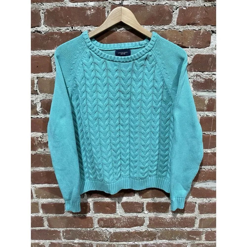 Lands End Sweater Women's Large 14-16 Green Drifter Cable Knit Pullover Cotton